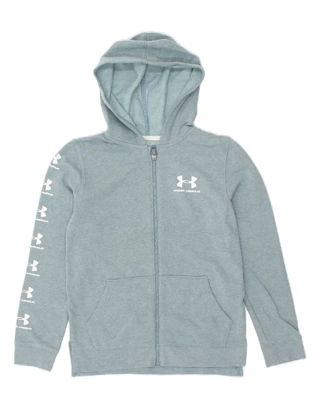 men's premium knit sweaters -UNDER ARMOUR Boys Graphic Zip Hoodie Sweater 10-11 Years Large Blue Cotton