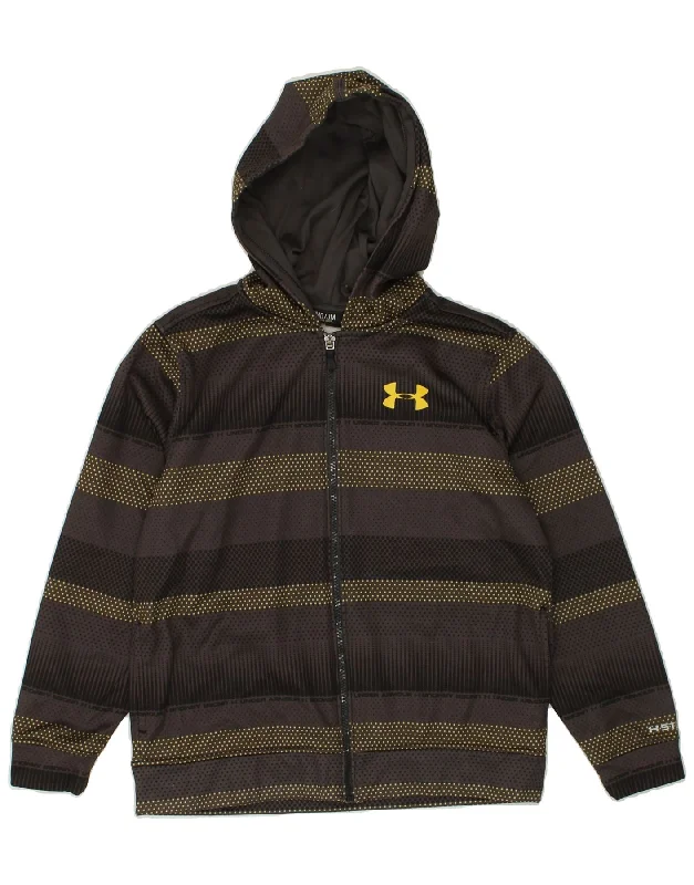 men's stylish sweaters -UNDER ARMOUR Boys Zip Hoodie Sweater 10-11 Years Medium Brown Striped