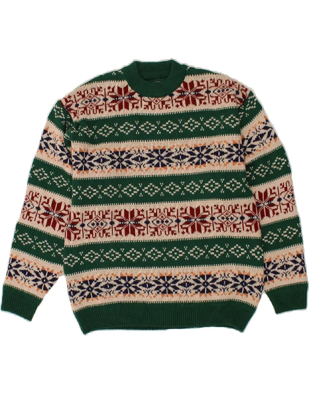 men's versatile sweaters -VINTAGE Boys Crew Neck Jumper Sweater 13-14 Years Green Fair Isle Acrylic