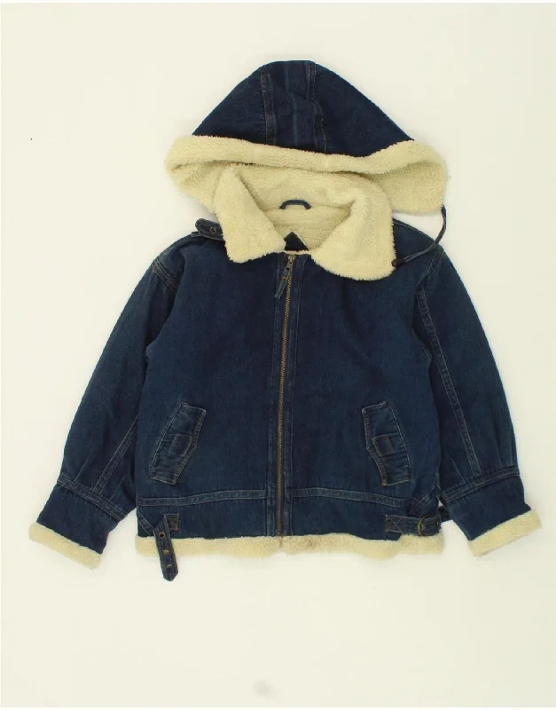 men's softshell jackets -VINTAGE Boys Hooded Denim Sherpa Jacket 11-12 Years Navy Blue Cotton