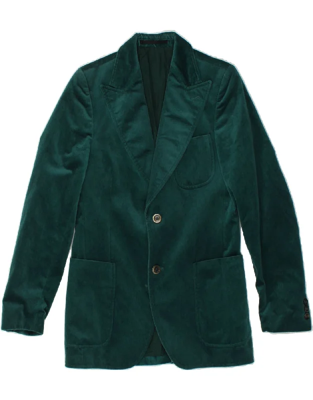 men's packable jackets -VINTAGE Boys Velvet 2 Button Blazer Jacket 15-16 Years Green Cotton