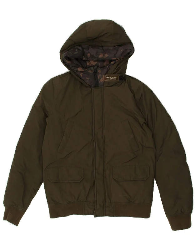 men's softshell jackets -WOOLRICH Boys Hooded Padded Jacket 11-12 Years Khaki Polyester