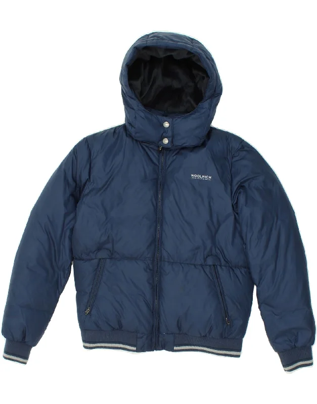 men's custom jackets -WOOLRICH Boys Hooded Padded Jacket 11-12 Years Navy Blue Nylon