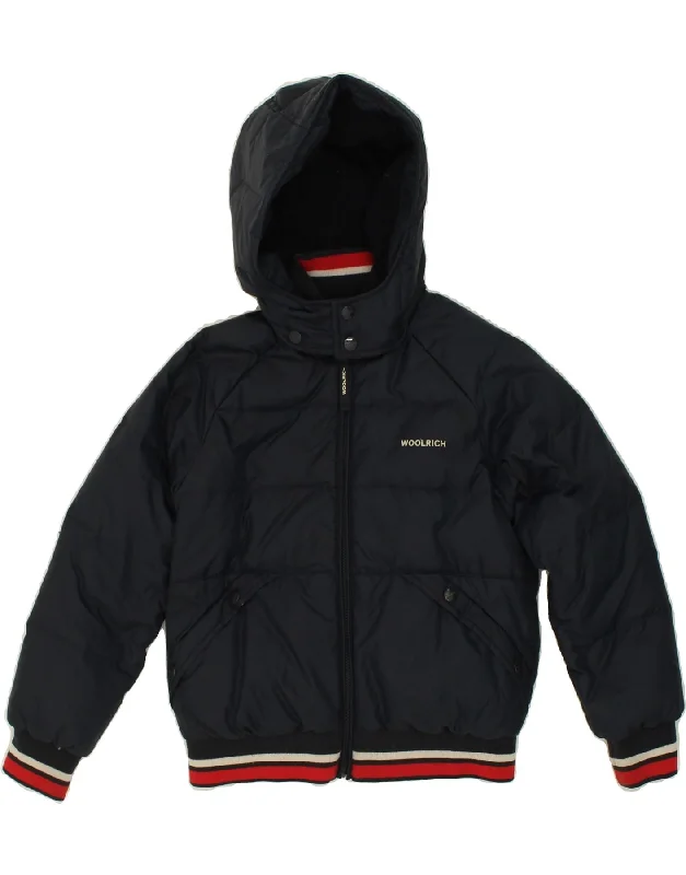 men's fashion jackets -WOOLRICH Boys Hooded Padded Jacket 7-8 Years Navy Blue Nylon